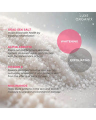Luxe Organix body scrub ingredient infographic featuring Dead Sea Salt Alpha Arbutin Vitamin E and Niacinamide