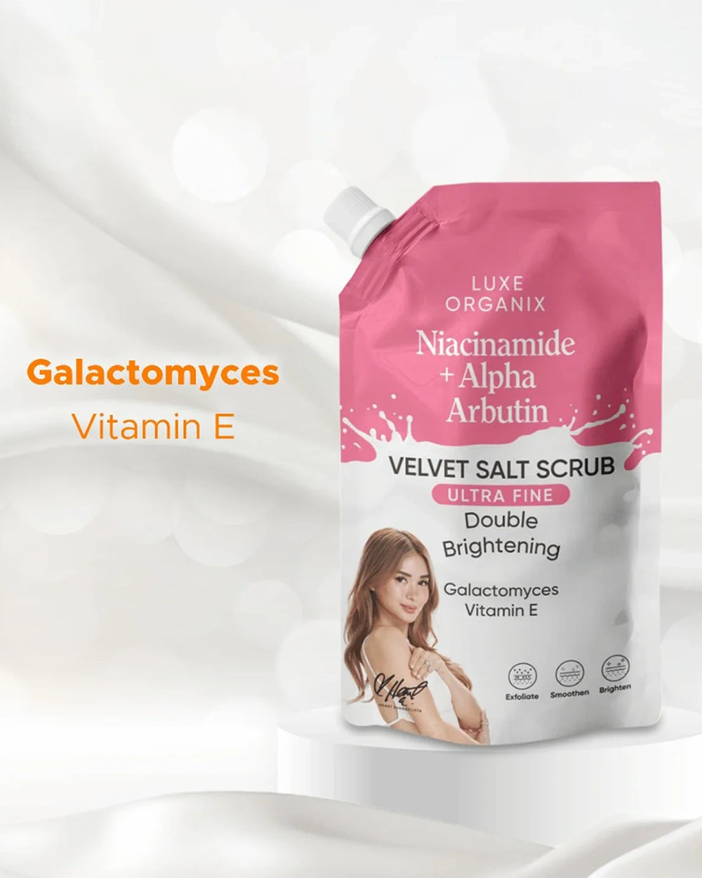 Luxe Organix Niacinamide and Alpha Arbutin Velvet Salt Scrub 300g highlighting Galactomyces and Vitamin E for body skin care