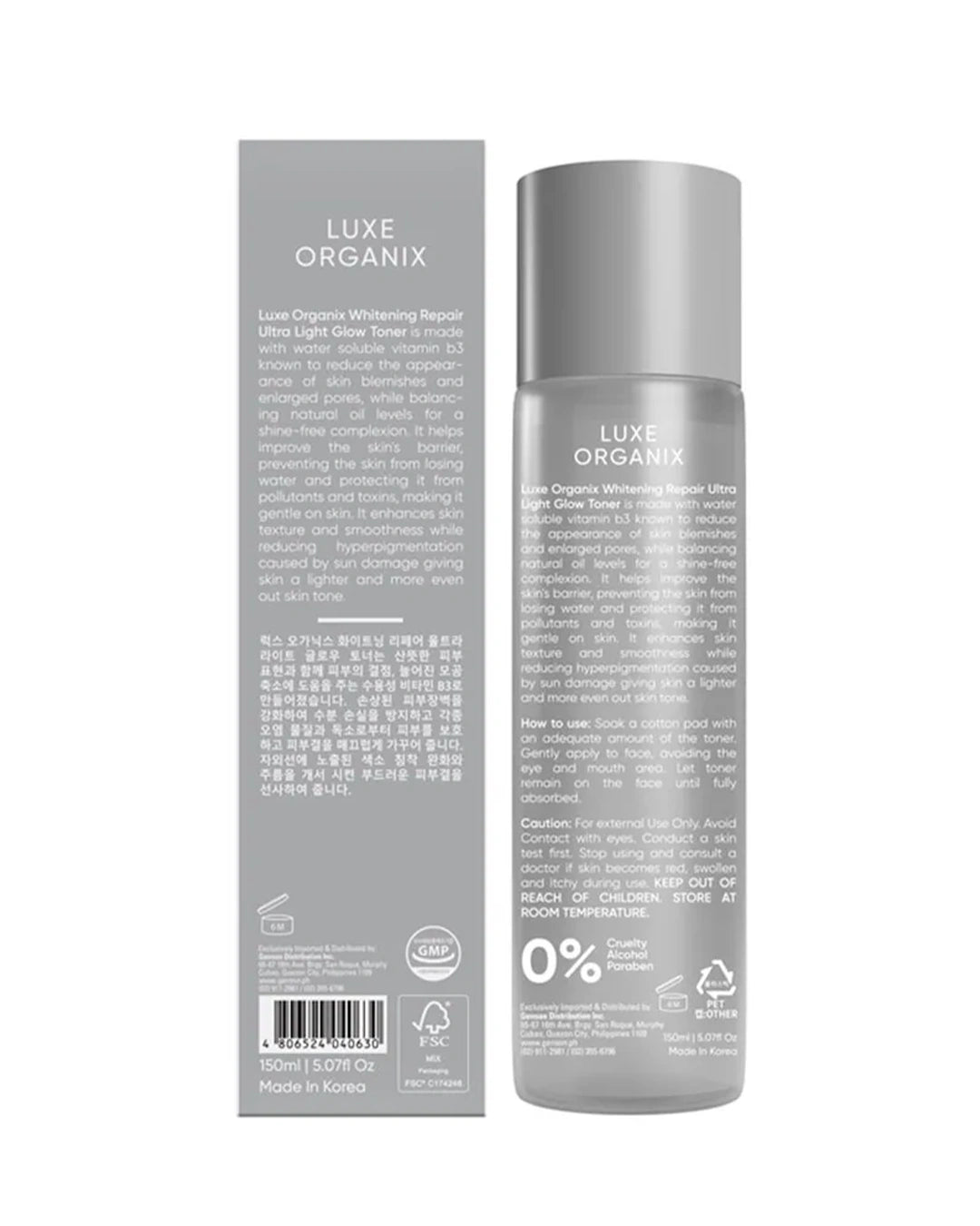 Luxe Organix Whitening Repair Ultra Light Glow Toner 150ml box and bottle back view with product information