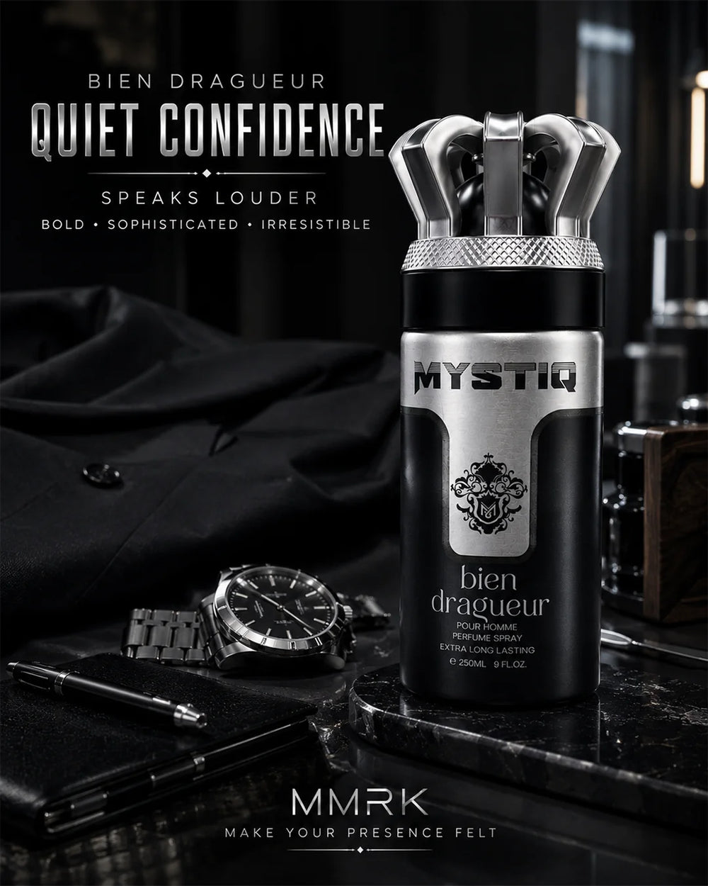 MYSTIQ Bien Dragueur Perfume Spray for Men 250ml black and silver bottle-3