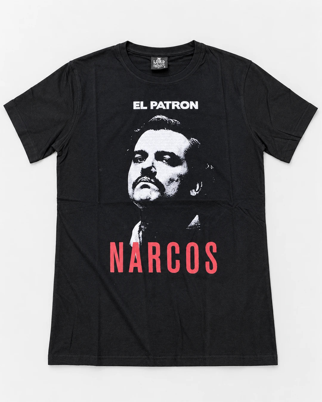 Black Narcos El Patron T-shirt with Pablo Escobar portrait and bold red NARCOS lettering