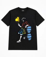 One Piece Luffy black graphic T-shirt with multicolor front print, 100% cotton
