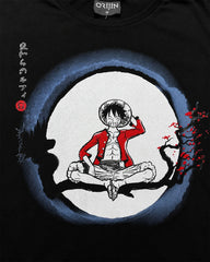 Close-up of Monkey D. Luffy moon circle graphic print on black One Piece T-shirt