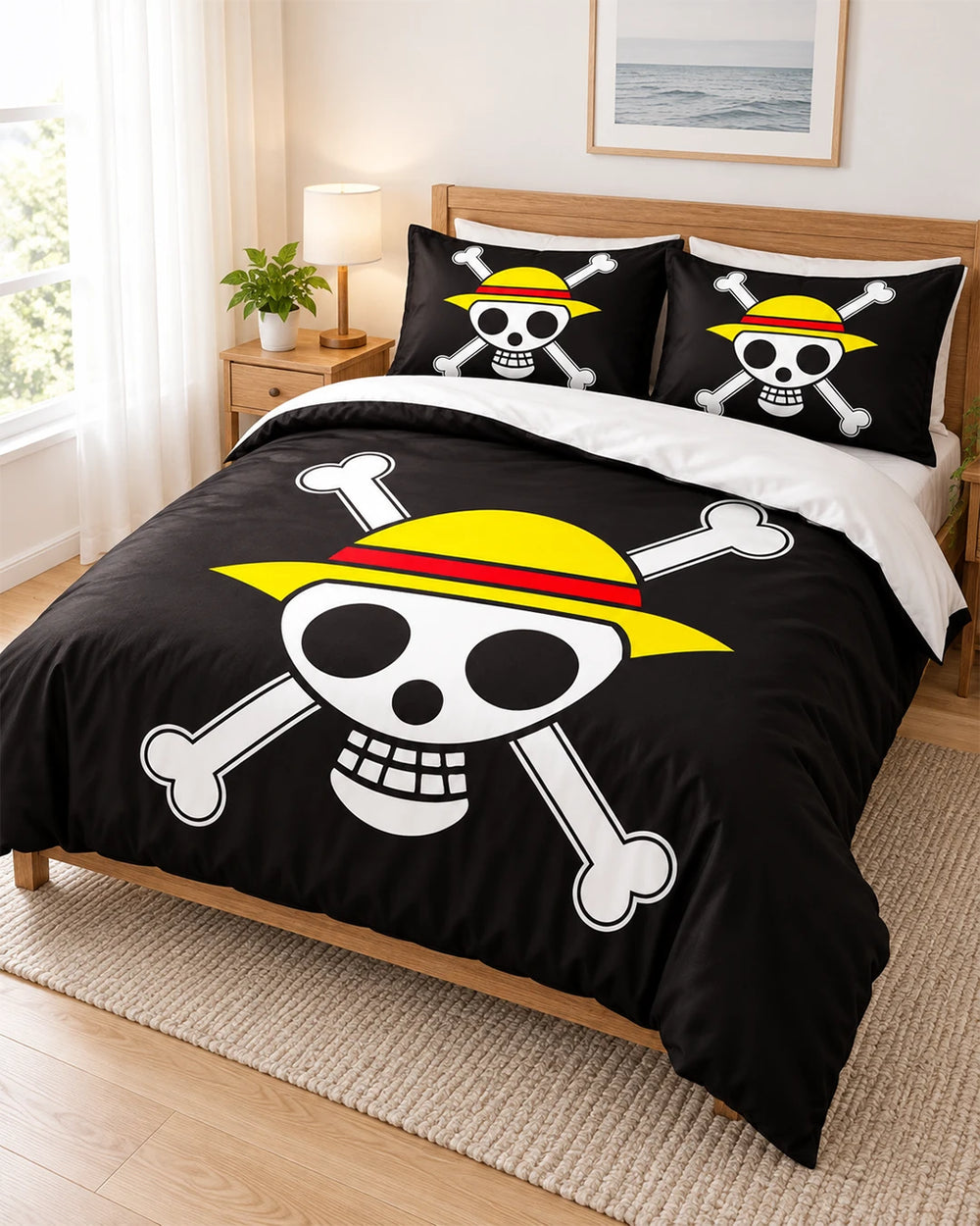 One Piece Straw Hat Pirates duvet cover set styled on a bed with black bedding and matching pillowcases