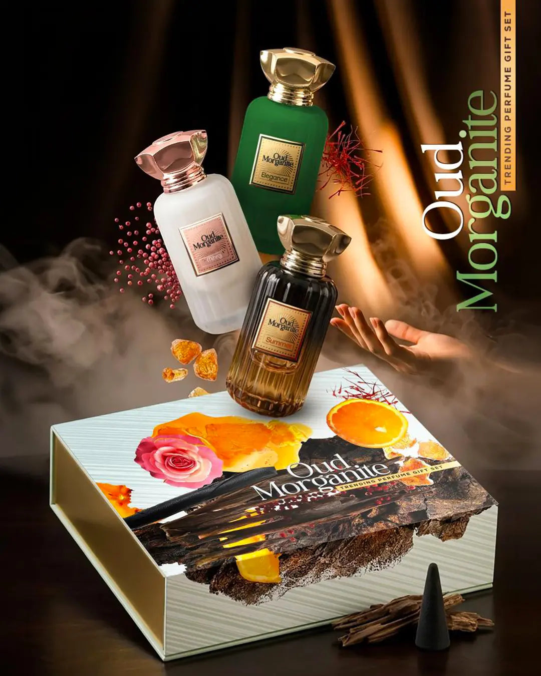 Oud Morganite luxury unisex perfume gift set with oud amber woody fragrance bottles