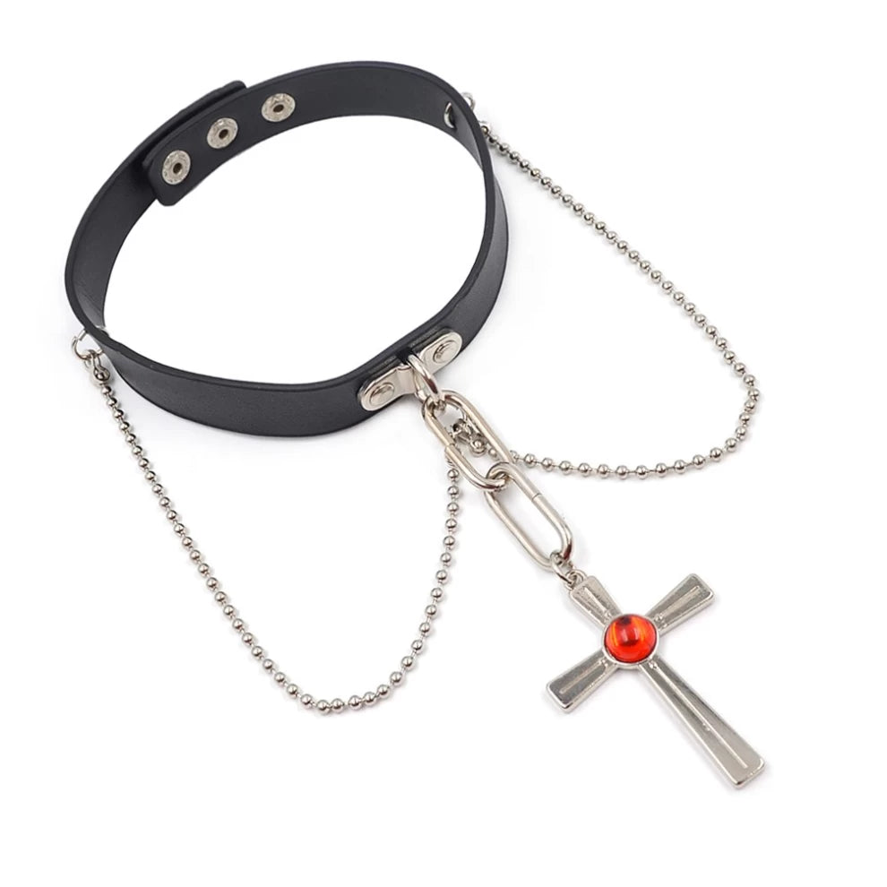 Rosario + Vampire Cross Necklace - Moka Akashiya Choker with Red Gem