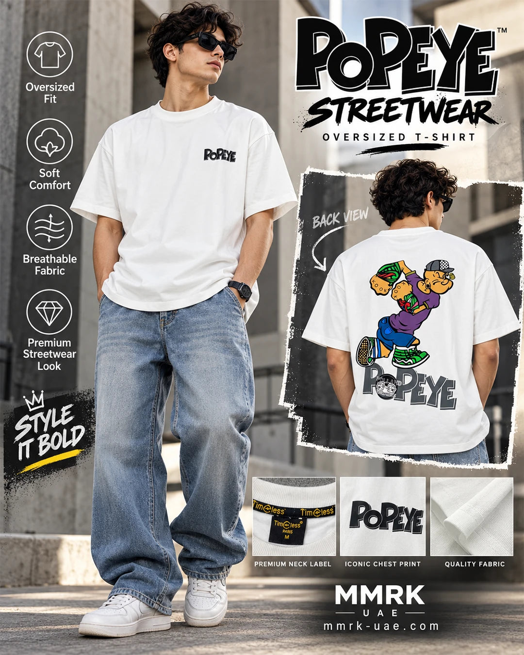 Popeye oversized T-shirt front and back streetwear presentation