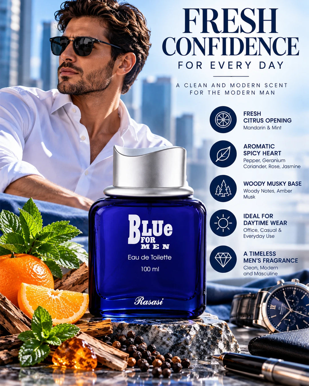 Rasasi Blue For Men EDT 100ml bottle and cap detail