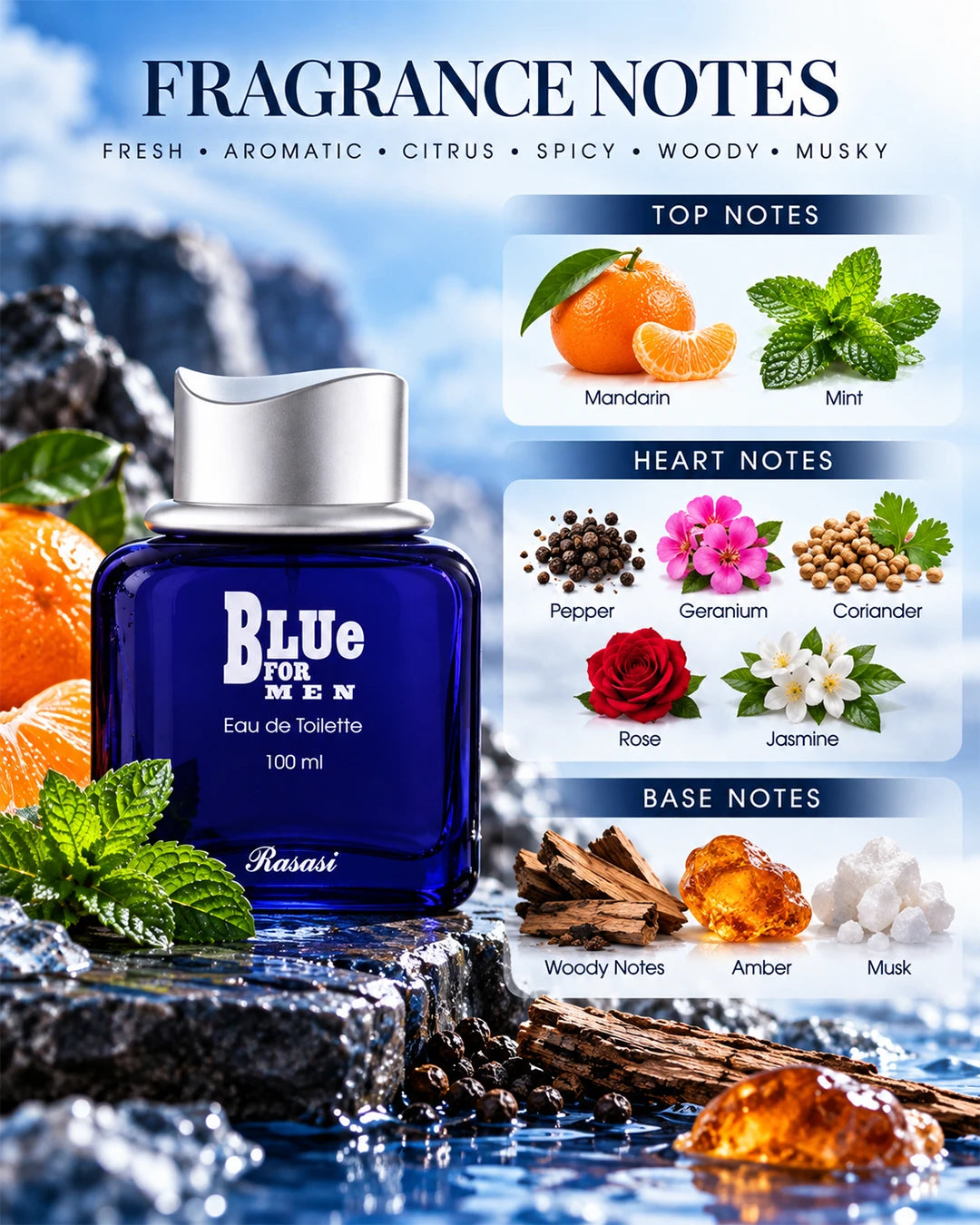 Rasasi Blue For Men fragrance notes with mandarin, mint, citrus, florals, woods, amber and musk