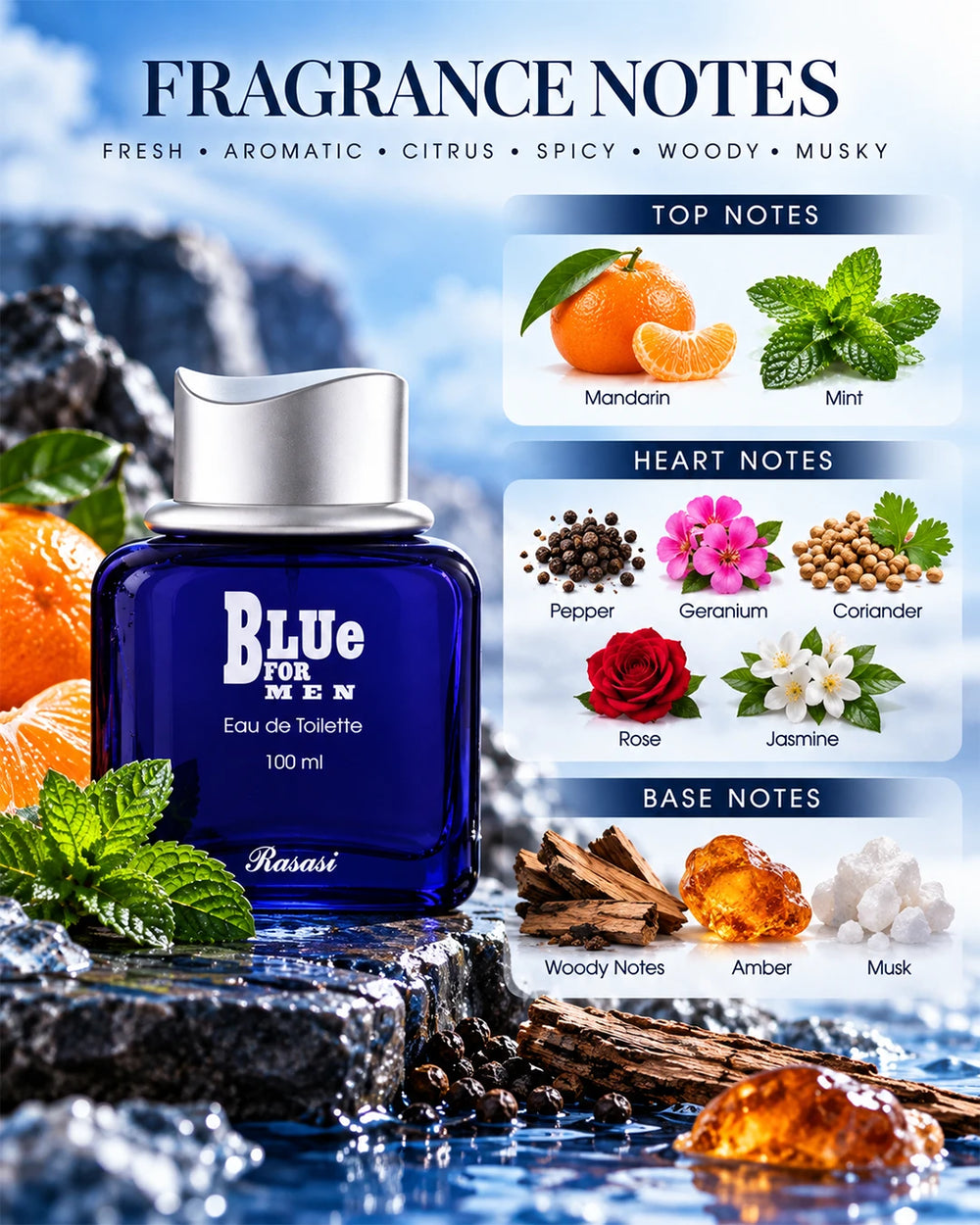 Rasasi Blue For Men fragrance notes with mandarin, mint, citrus, florals, woods, amber and musk