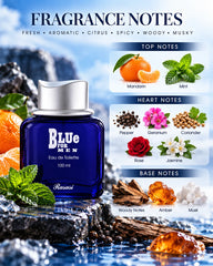 Rasasi Blue For Men fragrance notes with mandarin, mint, citrus, florals, woods, amber and musk