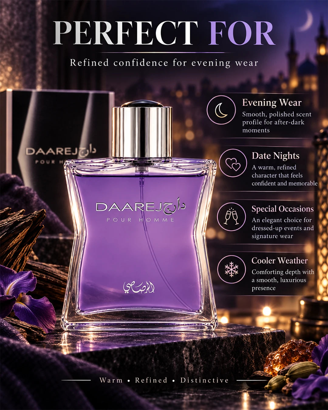 Rasasi Daarej Pour Homme perfume for evening wear, date nights and special occasions