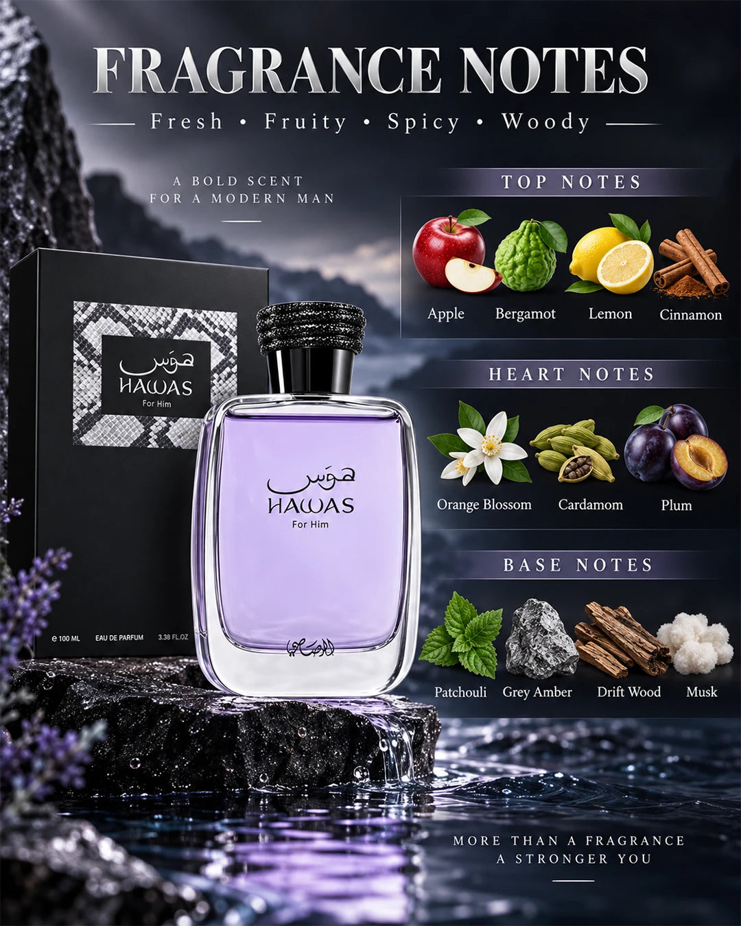 Rasasi Hawas fragrance notes with apple, citrus, cinnamon, plum, cardamom, ambergris, musk and woods
