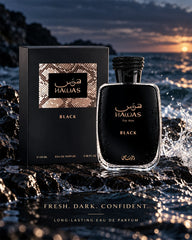 Rasasi Hawas Black men’s perfume in a bold woody citrus fragrance setting