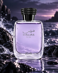 Rasasi Hawas fresh aquatic perfume for men in a cool modern fragrance setting