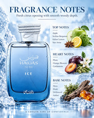 Rasasi Hawas Ice fragrance notes with apple, citrus, plum, cardamom, musk, woods and amber