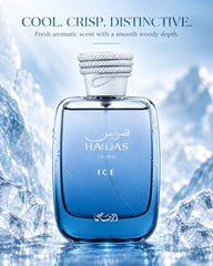 Rasasi Hawas Ice fresh aquatic perfume in a cool icy fragrance setting