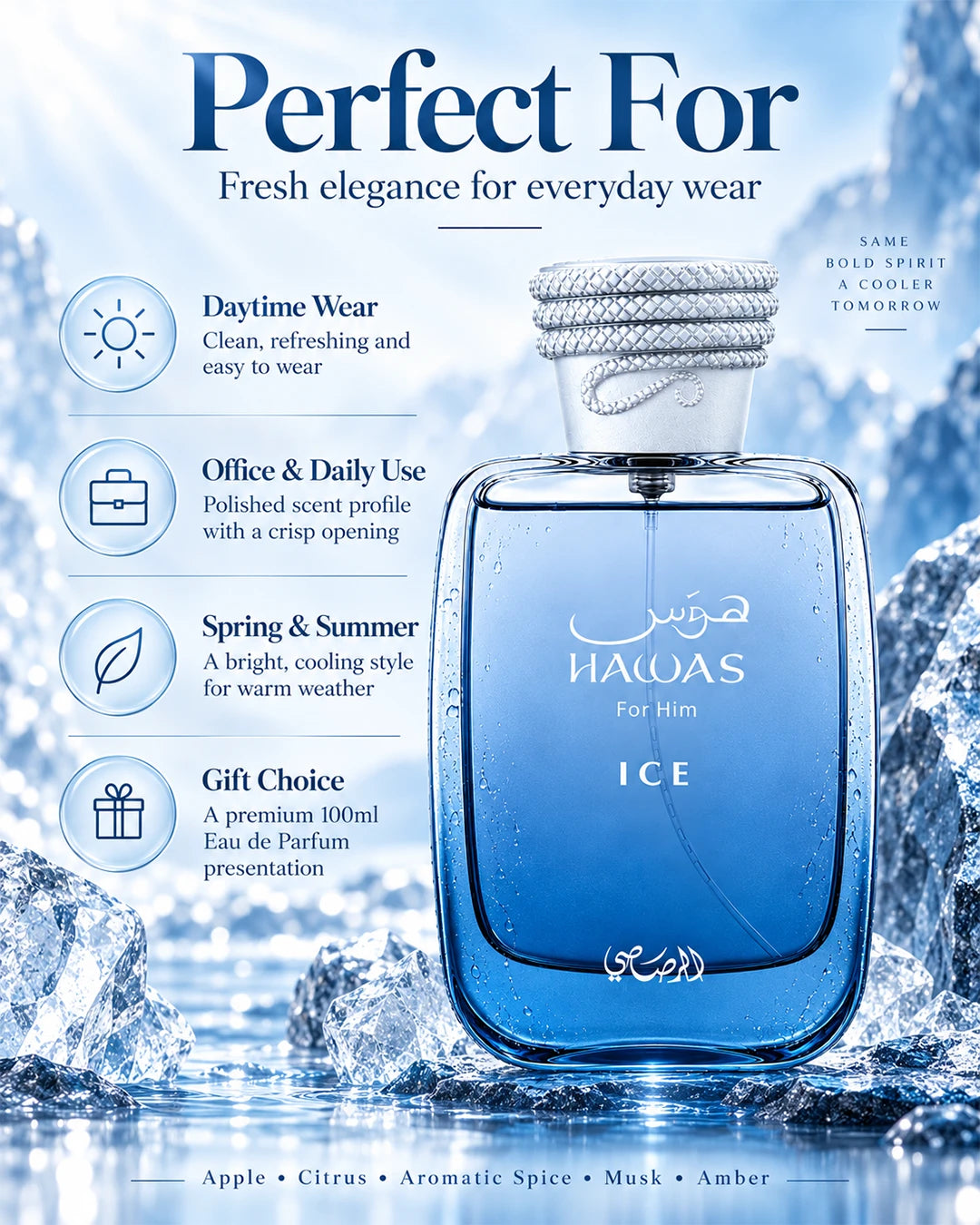 Rasasi Hawas Ice perfume for daytime, office and spring to summer wear