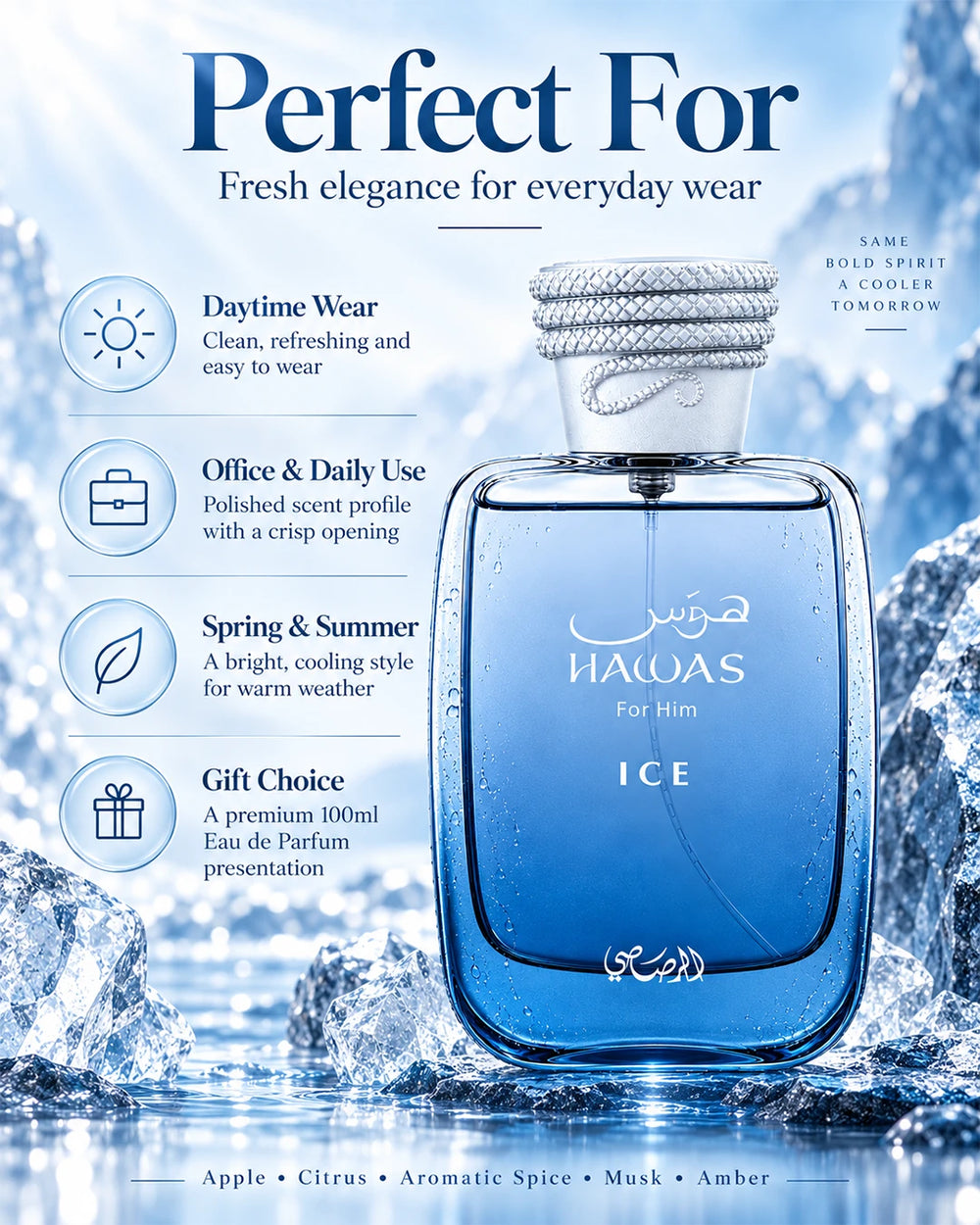 Rasasi Hawas Ice perfume for daytime, office and spring to summer wear