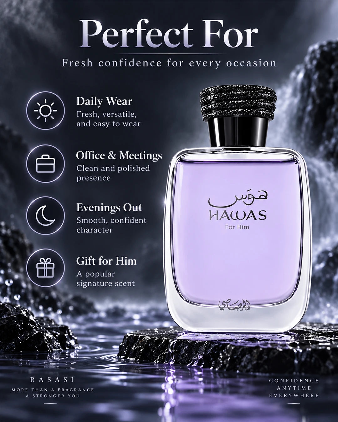 Rasasi Hawas perfume for men suited to daytime, office and spring to summer wear