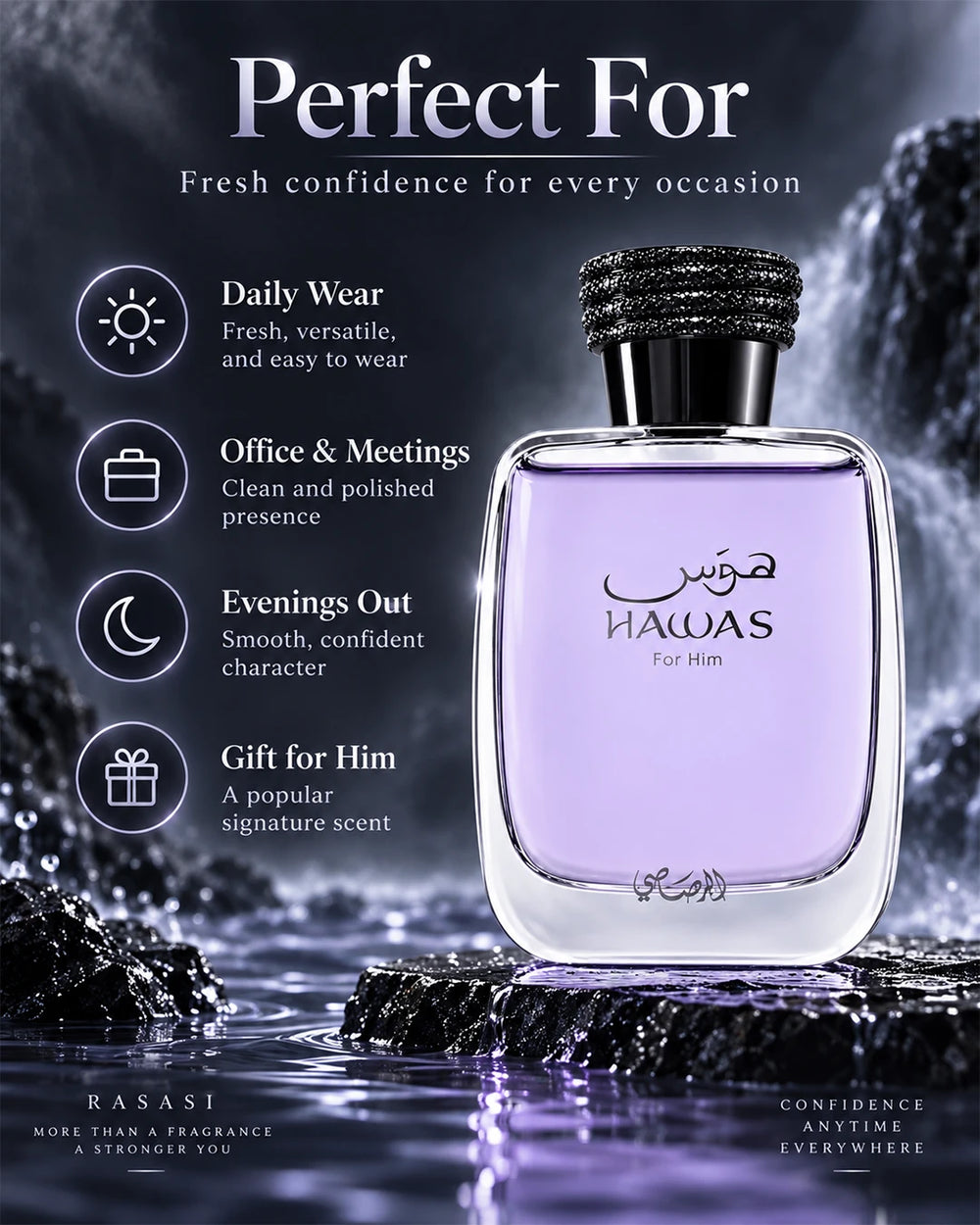 Rasasi Hawas perfume for men suited to daytime, office and spring to summer wear