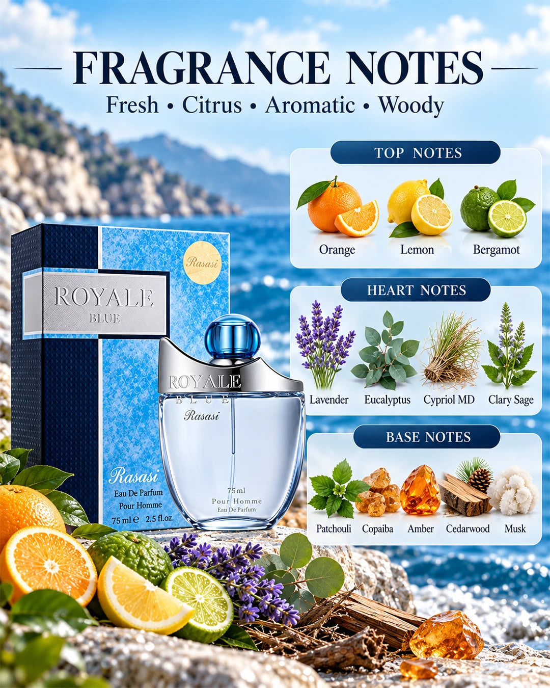 Rasasi Royale Blue fragrance notes with orange, lemon, bergamot, lavender, eucalyptus, patchouli, cedarwood, amber and musk