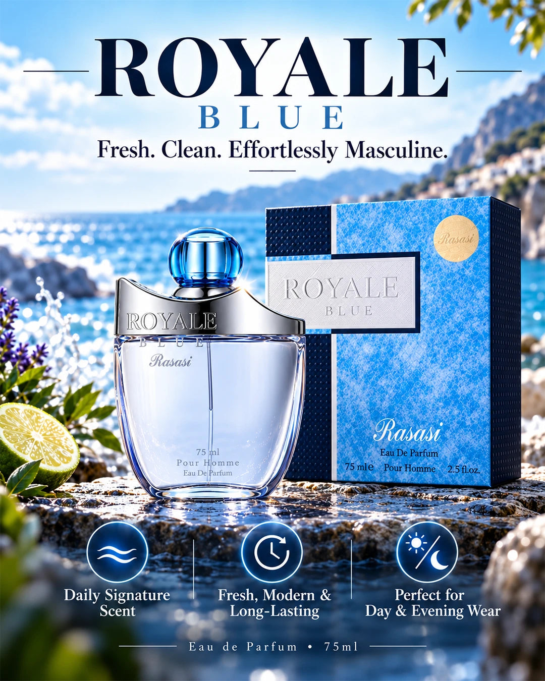 Rasasi Royale Blue men’s fragrance with a fresh citrus aromatic and woody character