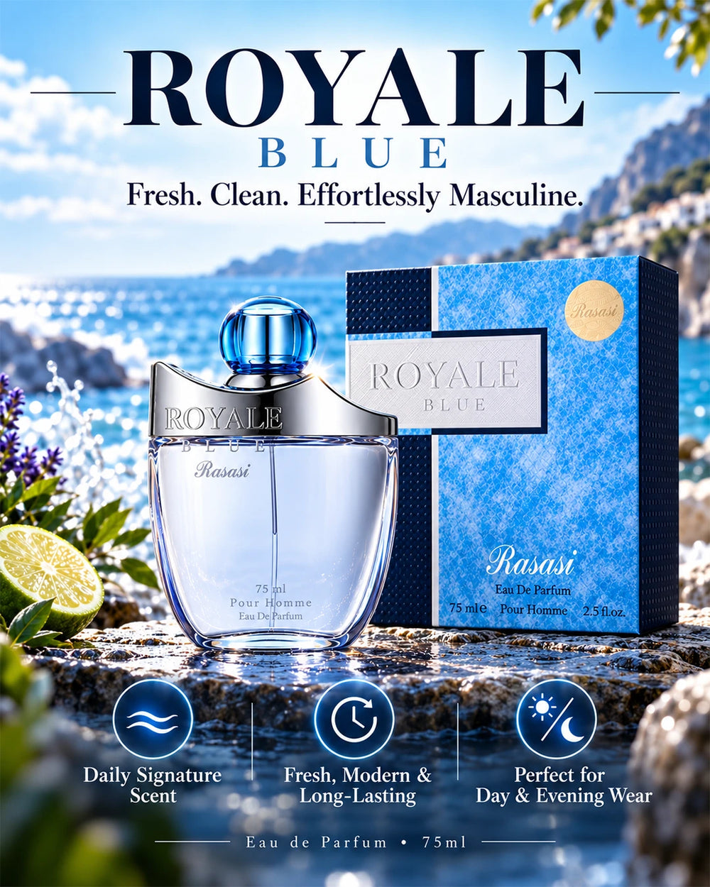 Rasasi Royale Blue men’s fragrance with a fresh citrus aromatic and woody character