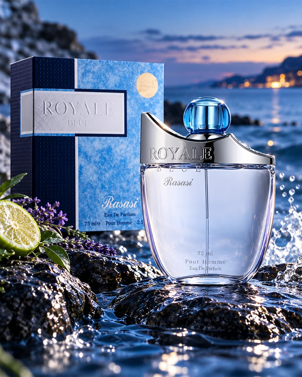 Rasasi Royale Blue men’s perfume in a fresh citrus aromatic fragrance setting