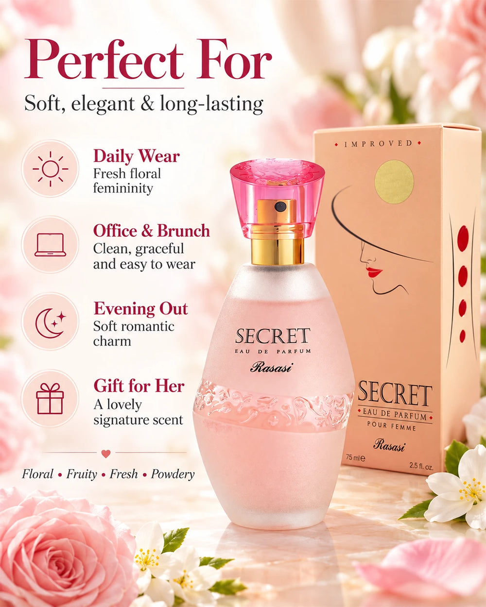 Rasasi Secret women’s perfume for everyday wear, work and daytime outings