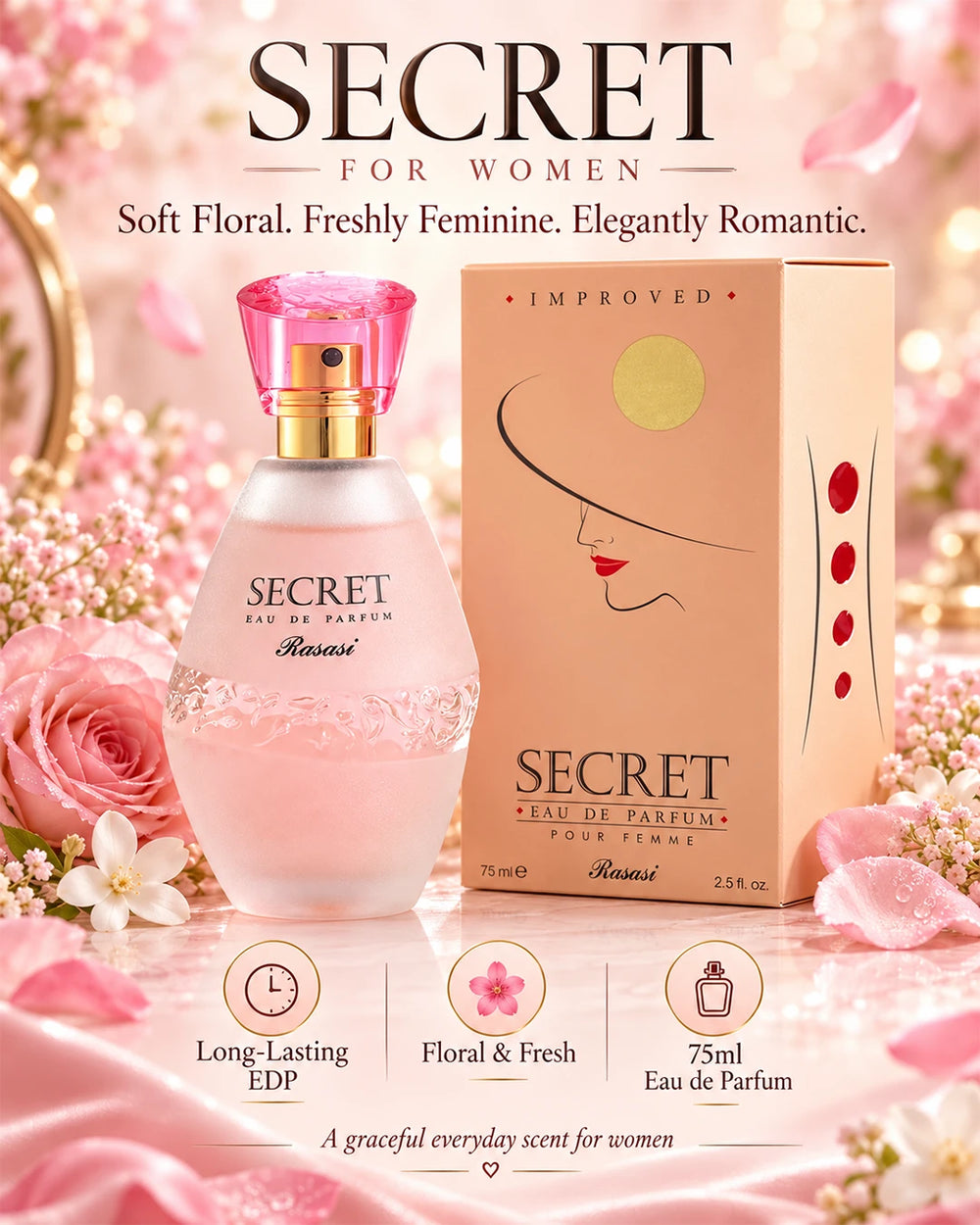 Rasasi Secret women’s fragrance with a fresh citrus floral and soft musky character
