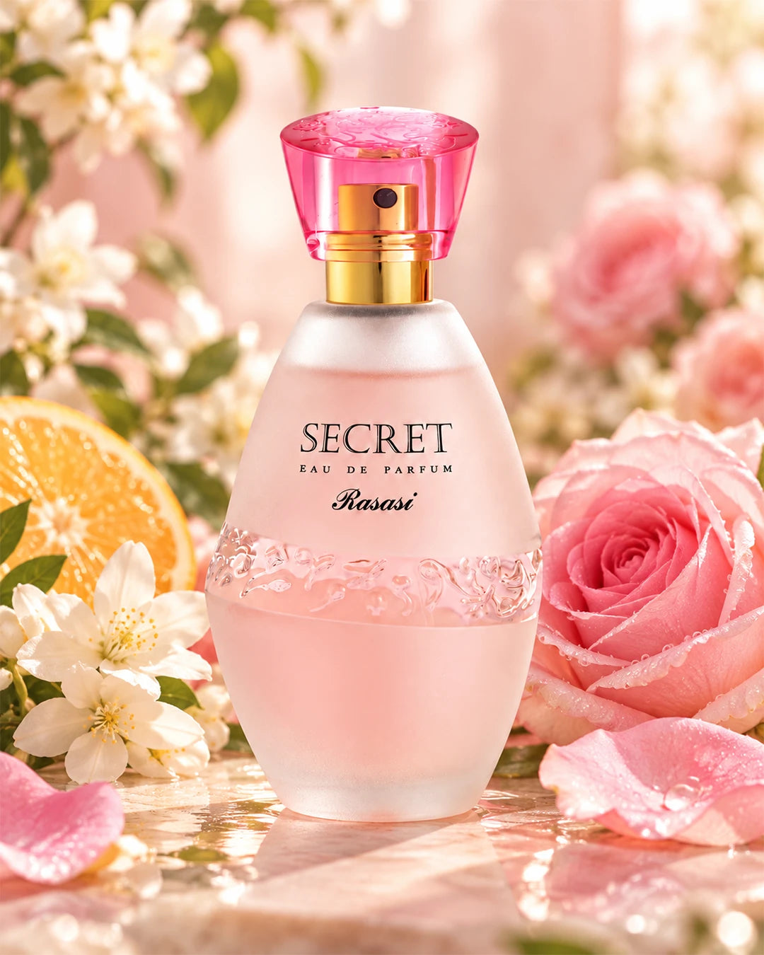 Rasasi Secret women’s perfume in a fresh elegant floral fragrance setting