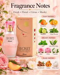 Rasasi Secret fragrance notes with mandarin, bergamot, mint, rose, jasmine, sandalwood, amber and white musk
