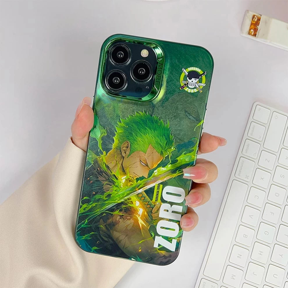 Hand holding One Piece Roronoa Zoro green anime iPhone case