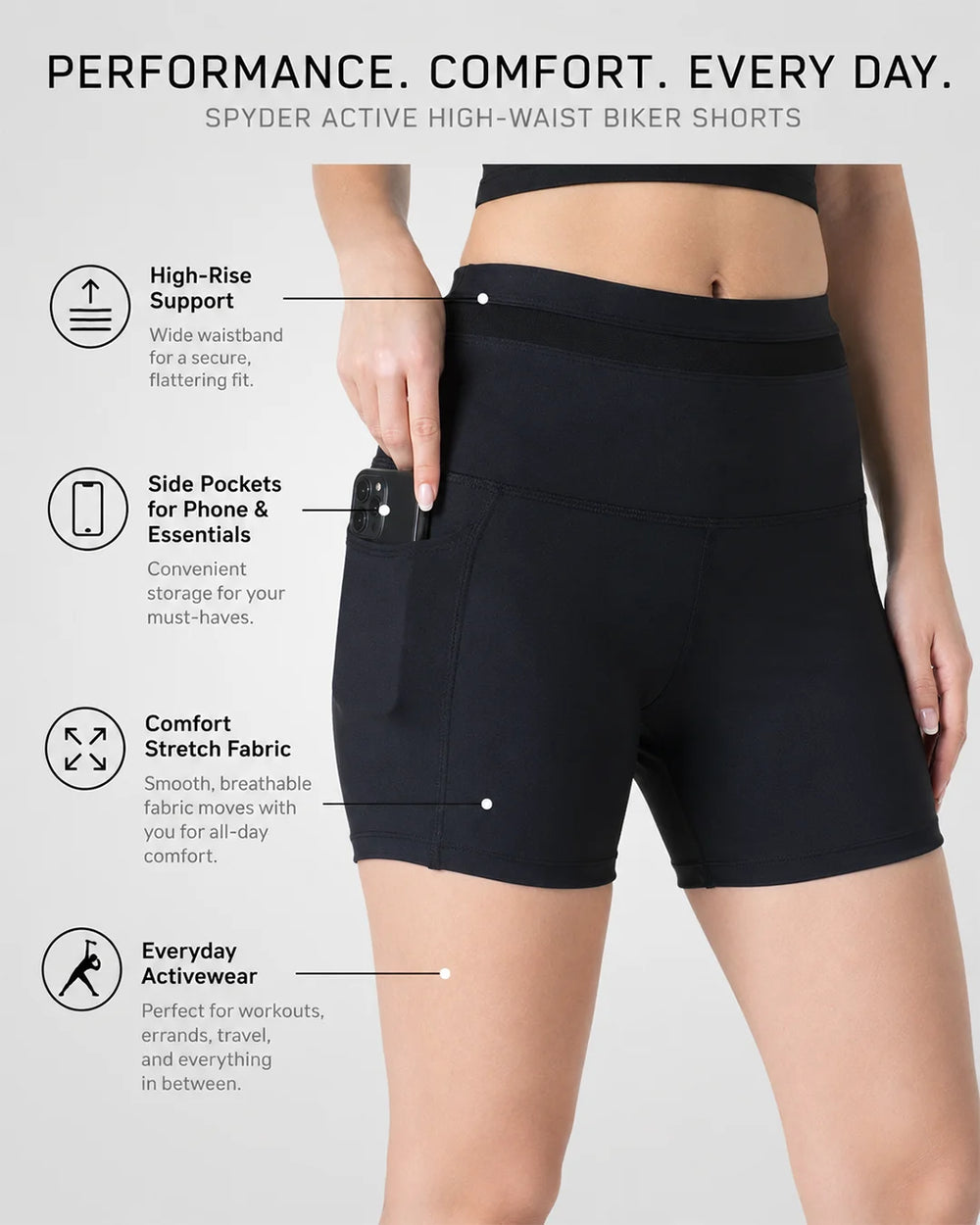 Spyder Active women’s black high-waist biker shorts with two side pockets