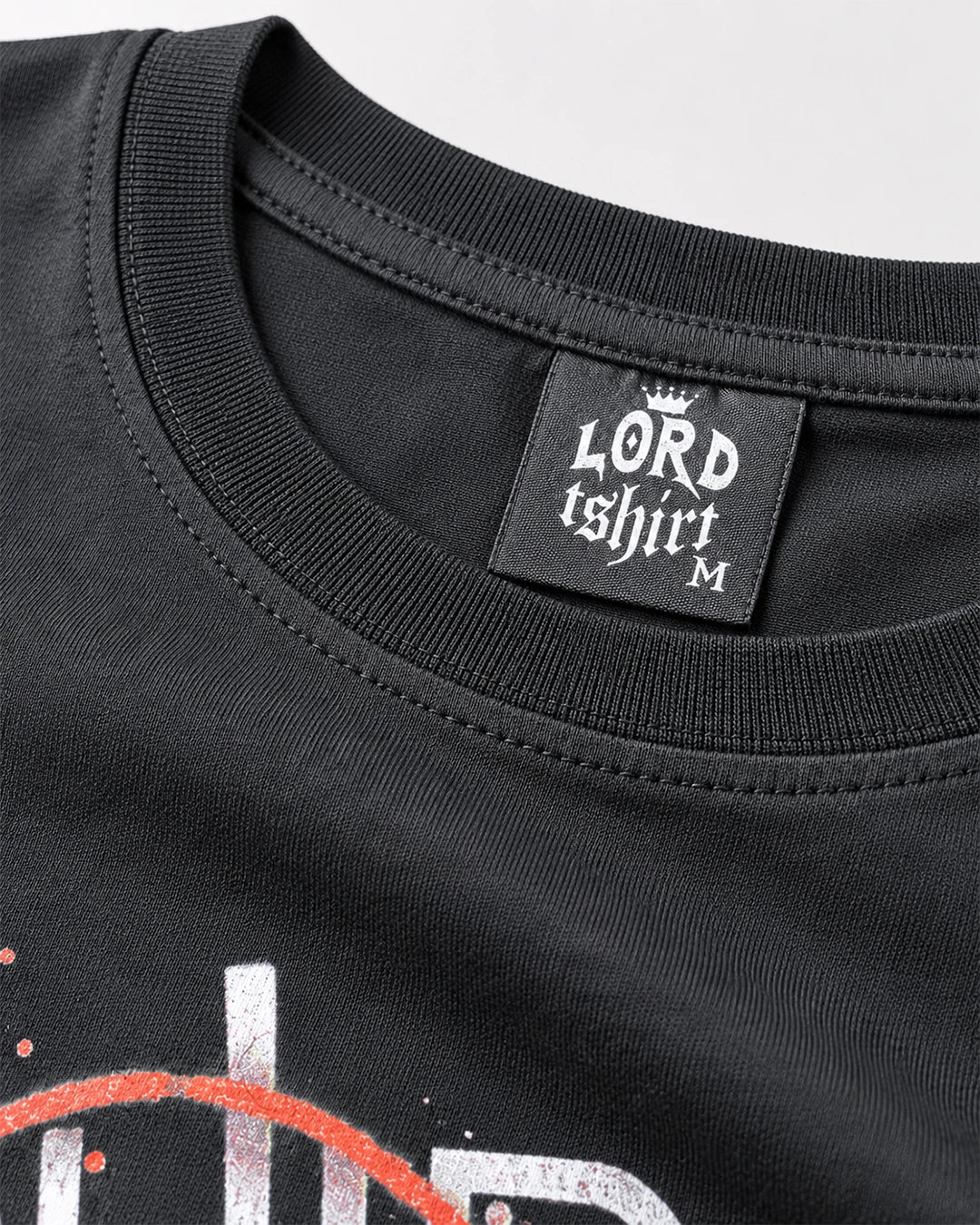 Squid Game black T-shirt crew neck stitching, LORD TSHIRT label and cotton fabric texture