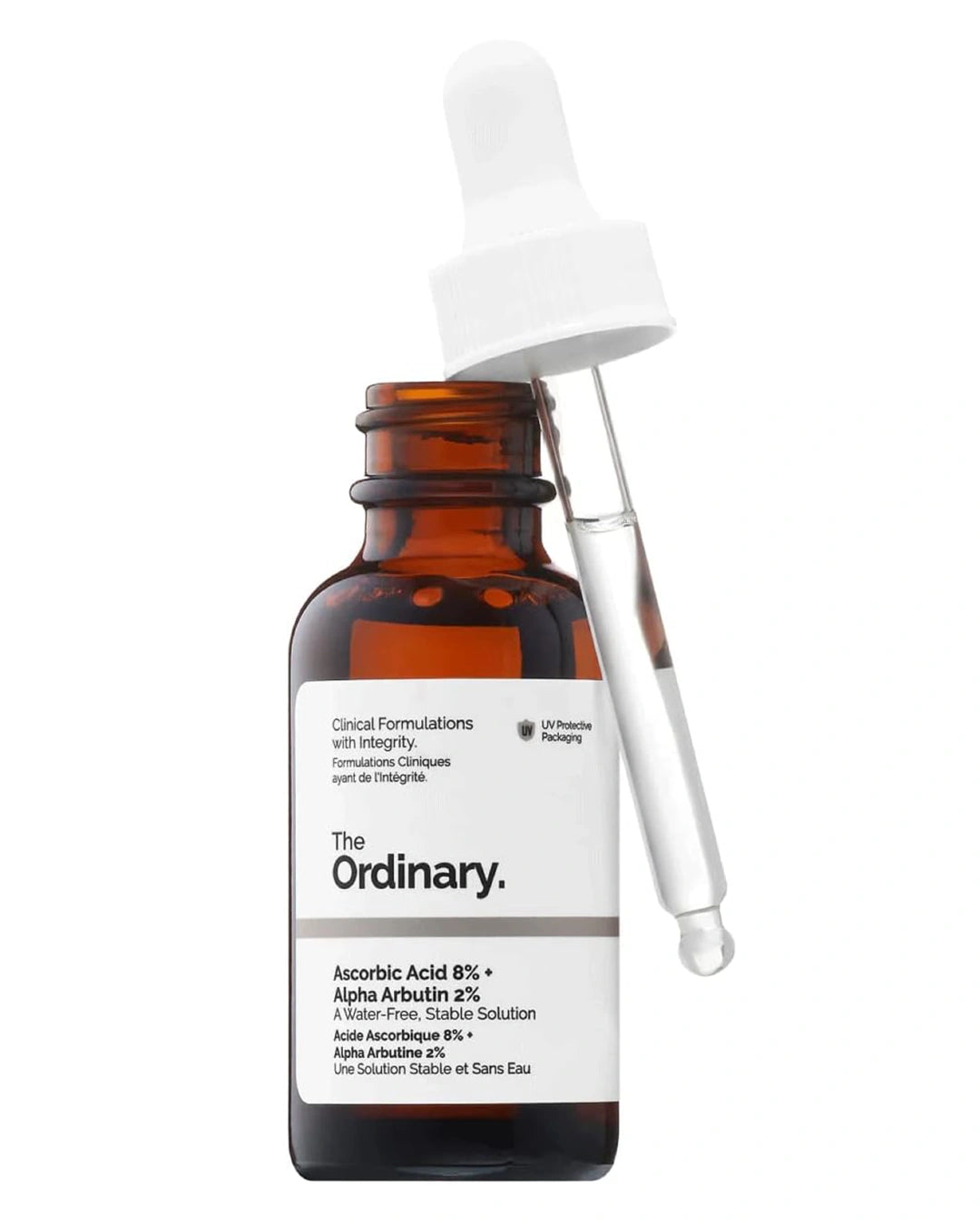 The Ordinary Ascorbic Acid 8% + Alpha Arbutin 2% facial serum in amber glass bottle with dropper for uneven skin tone