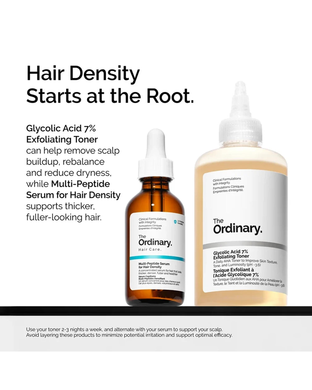 The Ordinary scalp routine showing Multi-Peptide Serum for Hair Density alternated with Glycolic Acid 7% Exfoliating Toner
