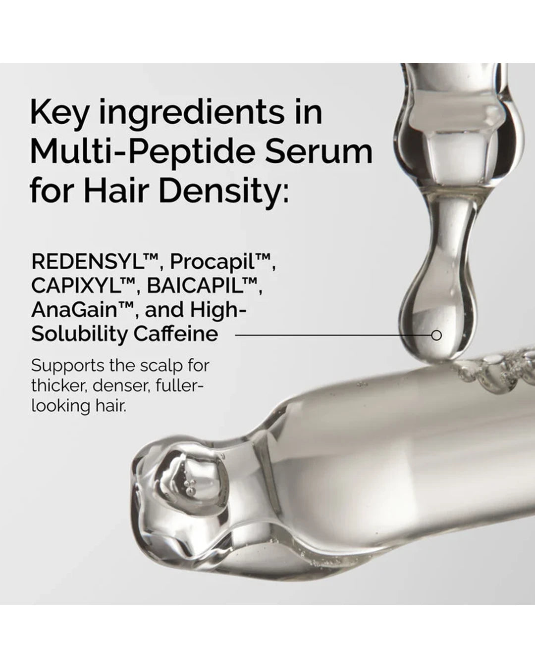 Key ingredients in The Ordinary Multi-Peptide Serum for Hair Density including REDENSYL, Procapil, CAPIXYL, BAICAPIL, AnaGain and caffeine