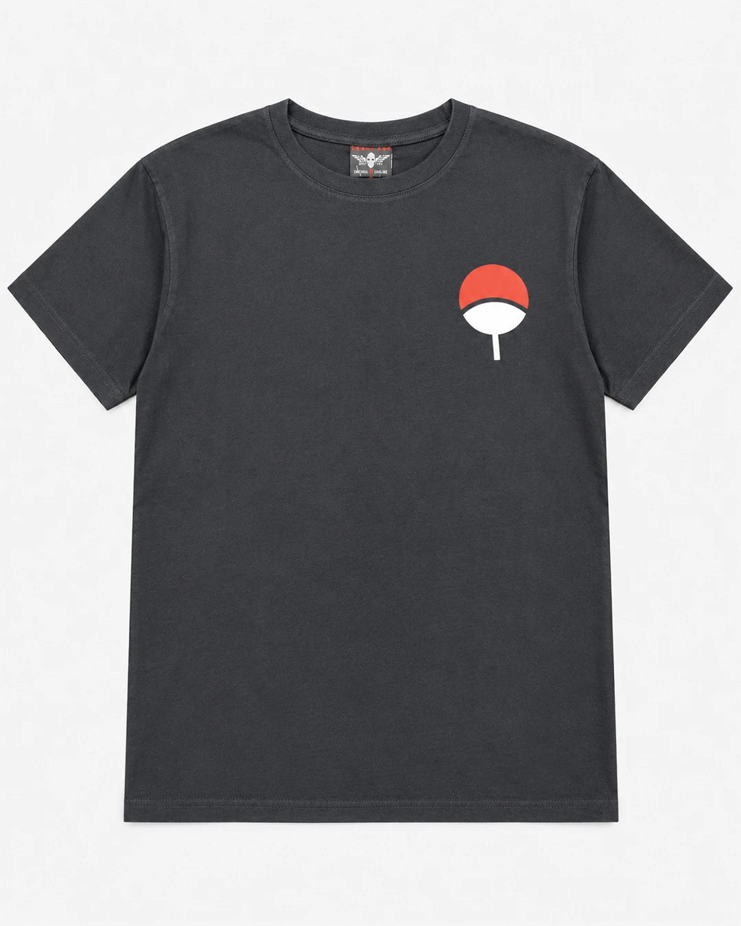Black Naruto Shippuden T-shirt with small red and white Uchiha clan crest on the front