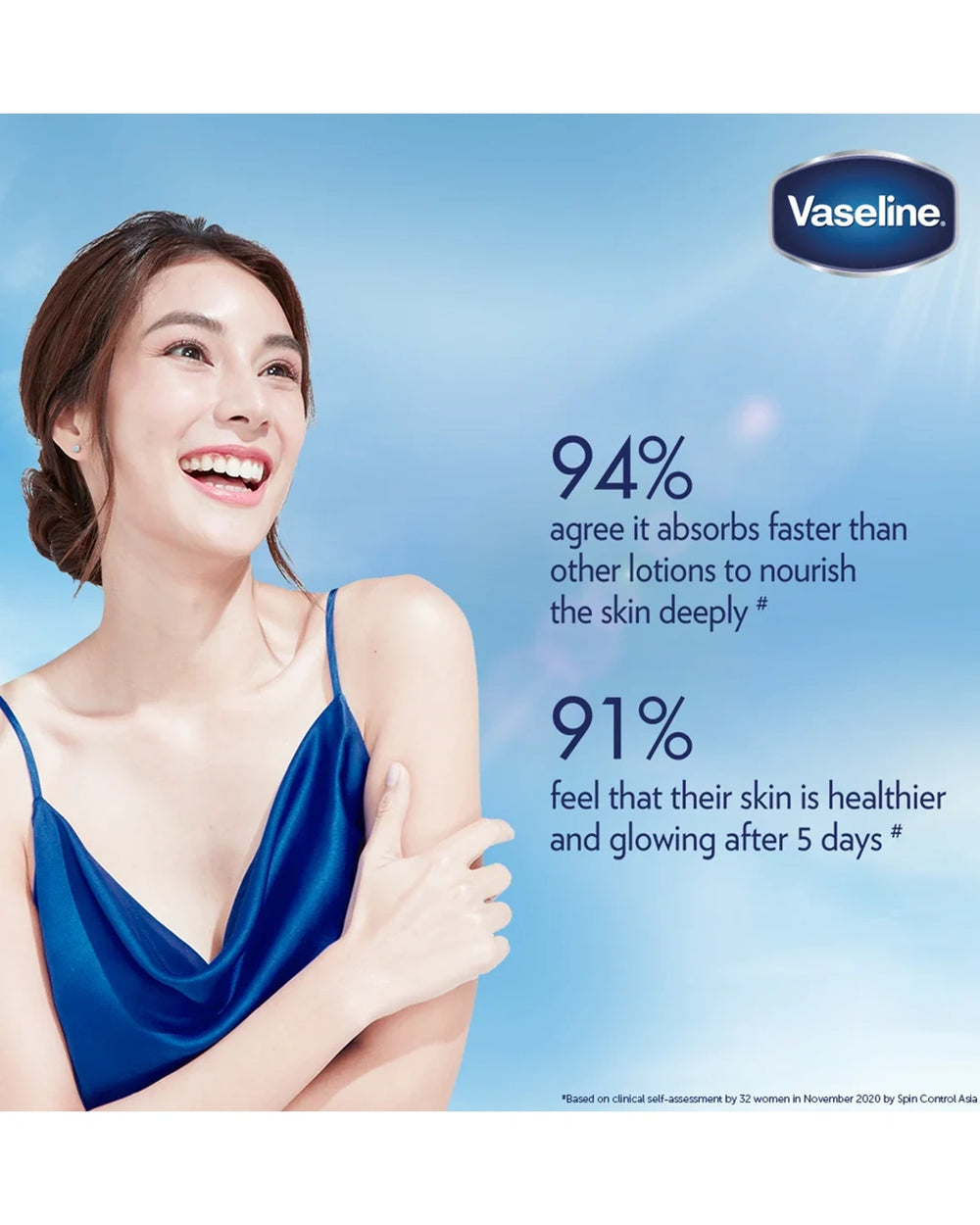Vaseline Gluta-Hya Dewy Radiance body lotion promotional image showing consumer feedback on fast absorption and healthier glowing looking skin