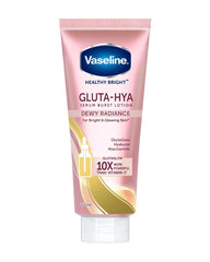 Vaseline Healthy Bright Gluta-Hya Dewy Radiance Serum Burst Body Lotion 330ml pink tube front view for hydrated glowing looking skin