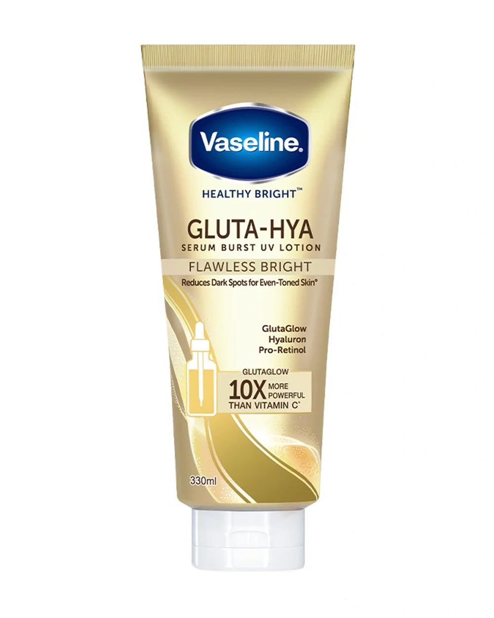 Vaseline Healthy Bright Gluta-Hya Flawless Bright Serum Burst UV Body Lotion 330ml gold tube front view for dark spot care and even looking body skin
