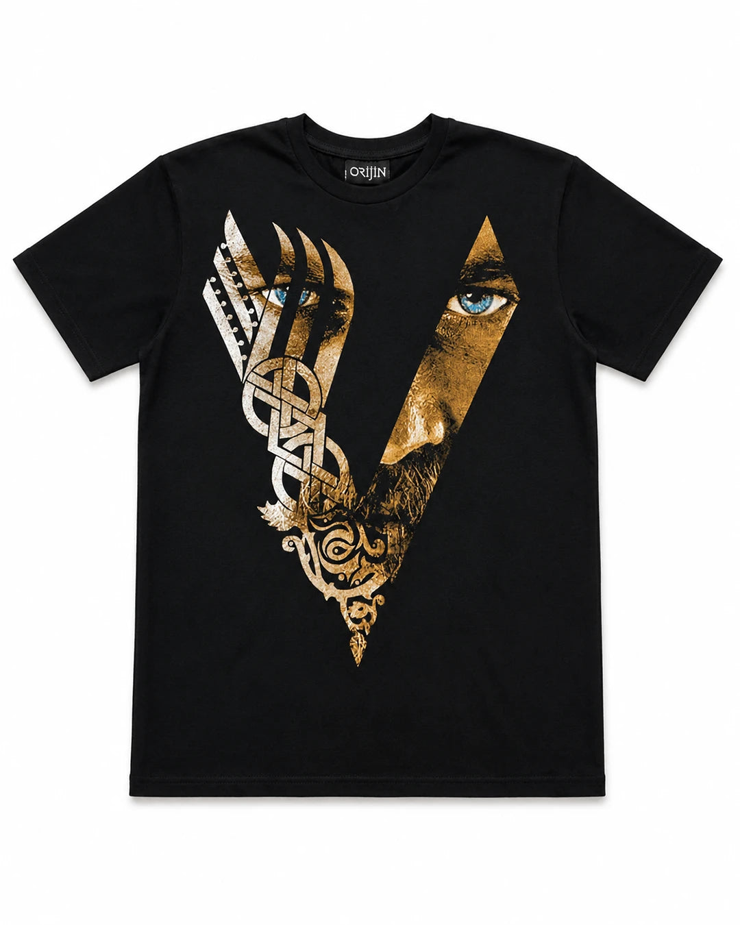 Viking Warrior black graphic T-shirt with gold, silver and blue front print, 100% cotton