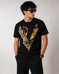 Model wearing Viking Warrior black graphic T-shirt, front view